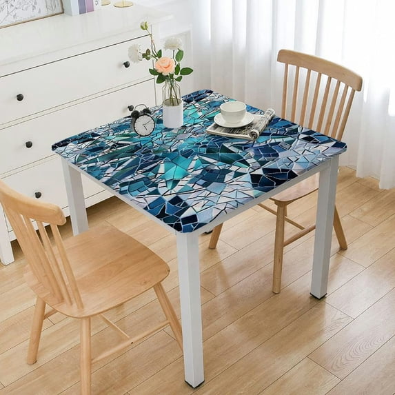 HAOXIT Decorative Elastic Edged Square Fitted ,Geometrical Mosaics Polyester Indoor Outdoor Fitted Table Cover for Buffet Table, Parties, Holiday Dinner, Wedding & More Fit Square Table White