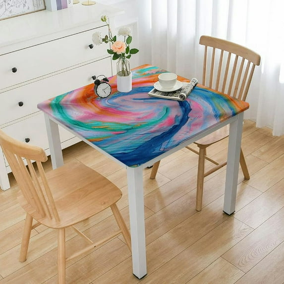 HAOXIT Decorative Elastic Edged Square Fitted , Look Flowing Colors Polyester Fitted Table Cover for Parties,Weddings,Kitchen Fit Square Table White