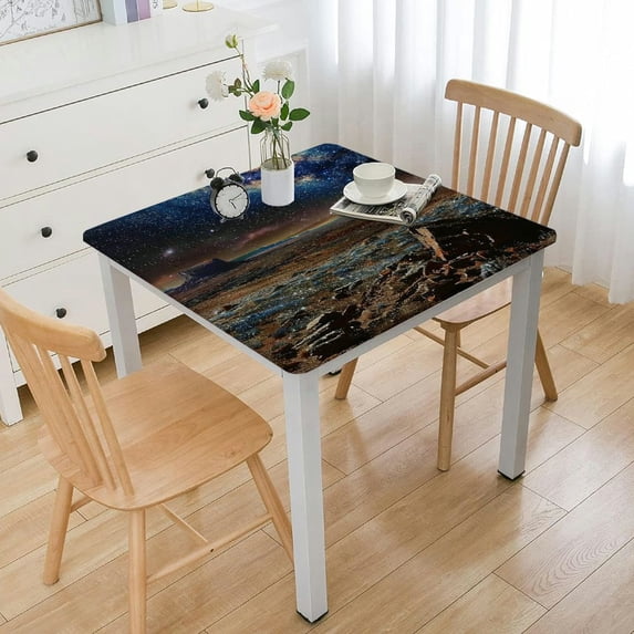 HAOXIT Decorative Elastic Edged Square Fitted , Polyester Fitted Tablecover for Table Camping Fit Square Table White