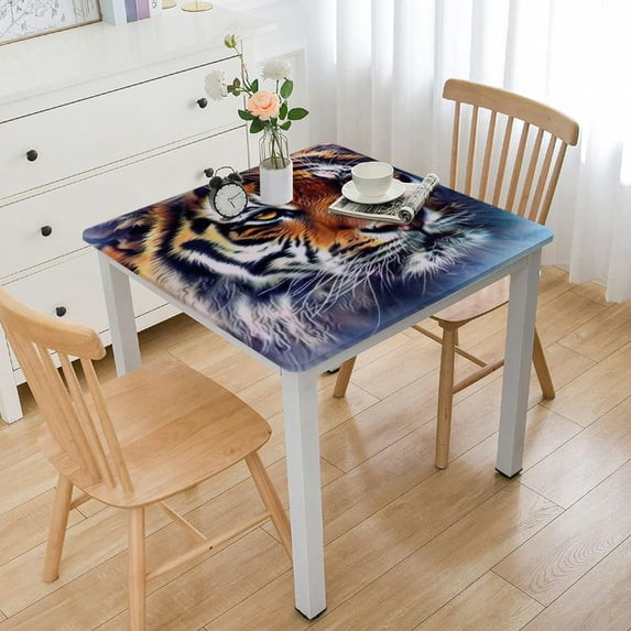 HAOXIT Decorative Elastic Edged Square Fitted Tablecloth, Animals Polyester Indoor Outdoor Fitted Table Cover for Home Kitchen Dining Room Fit Square Table White