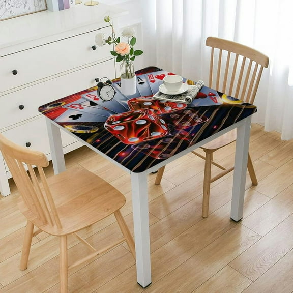 HAOXIT Decorative Elastic Edged Square Fitted Tablecloth,Dices and Cards Polyester Indoor Outdoor Fitted Tablecover for Dining Room Kitchen Decor Fit Square Table White