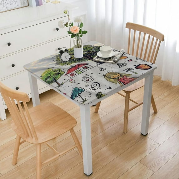 HAOXIT Decorative Elastic Edged Square Fitted Tablecloth, Girl and Boy Bear Polyester Indoor Outdoor Fitted Table Cover for Parties, Weddings, Kitchen Fit Square Table 60''x60''
