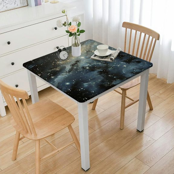 HAOXIT Decorative Elastic Edged Square Fitted Tablecloth,Infinite Space Polyester Fitted Table Cover for Parties, Weddings, Kitchen Fit Square Table White