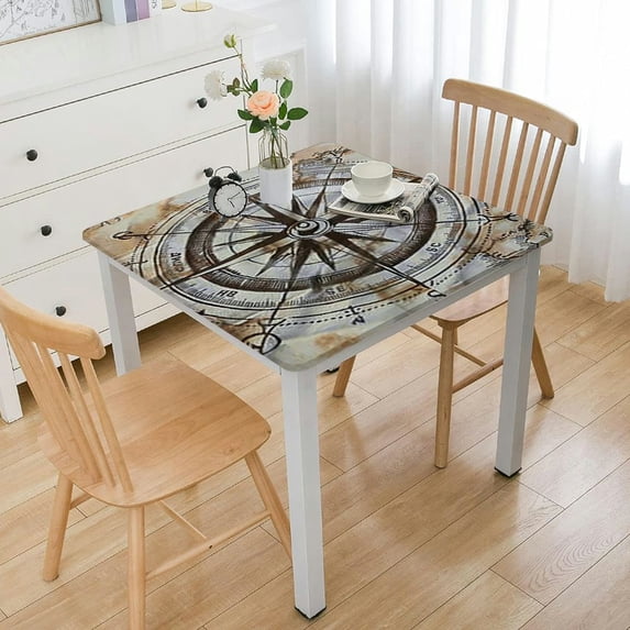 HAOXIT Decorative Elastic Edged Square Fitted Tablecloth,Nautical Device Design Map Polyester Indoor Outdoor Fitted Tablecover for Dining Room Kitchen Decor Fit Square Table White