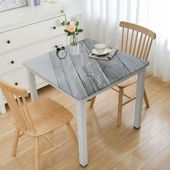 HAOXIT Decorative Elastic Edged Square Fitted Tablecloth,Oak Timber Wood Texture Image Polyester Indoor Outdoor Fitted Table Cover for Parties,Weddings,Kitchen Fit Square Table White