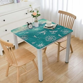 HAOXIT Decorative Elastic Edged Square Fitted Tablecloth,Sea Elements Animals Polyester Indoor Outdoor Fitted Tablecover for Folding Table Picnic Birthday Camping Garden Banquet Fit Square Table White