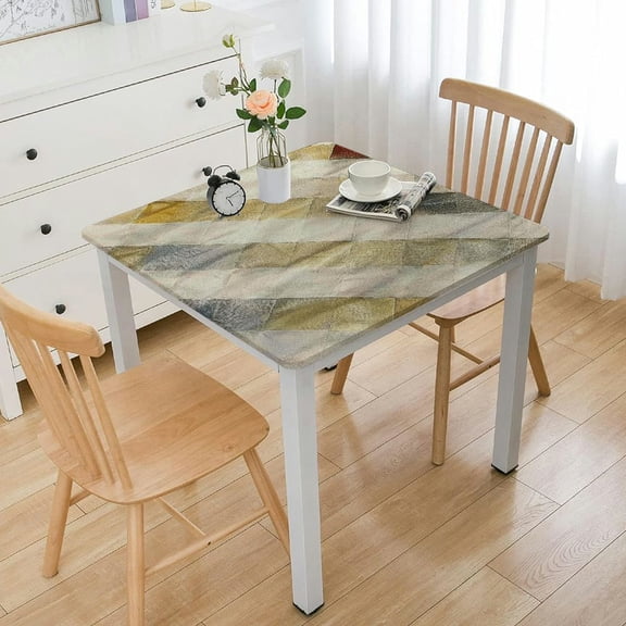 HAOXIT Decorative Elastic Edged Square Fitted Tablecloth,Striped Triangular Polyester Indoor Outdoor Fitted Table Cover for Home Kitchen Dining Room Fit Square Table White