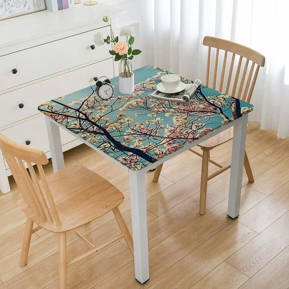 HAOXIT Decorative Elastic Edged Square Fitted Tablecloth, Tender Branches Polyester Fitted Table Cover for Parties,Weddings,Kitchen Fit Square Table White