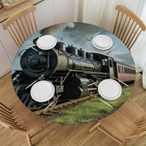 HAOXIT Decorative Fitted Table Cover for Round Tables, Steam Engine Polyester Elastic Edged Table Cloth,Vintage Locomotive Train in Countryside Print Table Pad, Fit Round Table for Kitchen 31-35