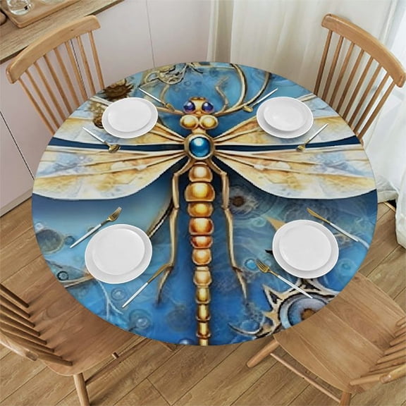 HAOXIT Decorative Round Fitted Tablecloth Cover, Dragonfly Elastic Edged Polyester Fitted Table Pad,Close Up View of Print Dining Table Cloth, Fits Round Table, for Indoor Outdoor Patio Use 31-35