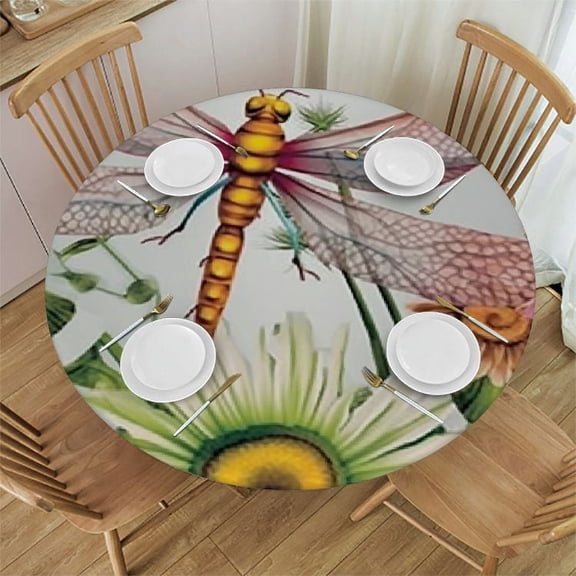 HAOXIT Decorative Round Fitted Tablecloth, Dragonfly Elastic Edged Polyester Fitted Table Pad,Daisy Flower Field with Chamomile Print Dining Table Cloth, Fits Round Table, for Outdoor Indoor Use