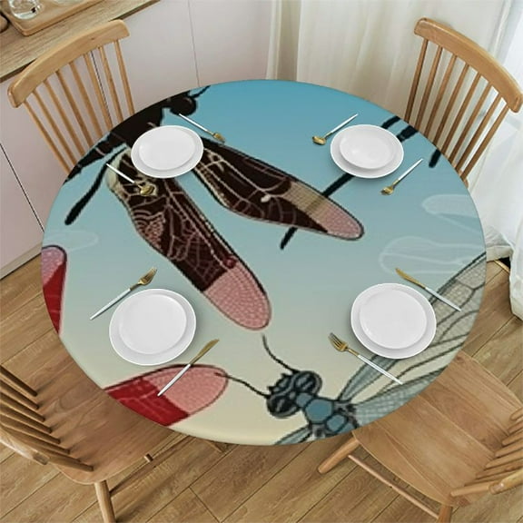 HAOXIT Decorative Round Fitted Tablecloth, Dragonfly Elastic Edged Polyester Fitted Table Pad,Exotic Dragonflies Flying in Cloud Print Dining Table Cloth, Fits Round Table, for Indoor Outdoor Use