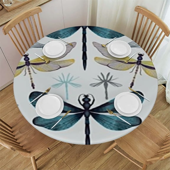 HAOXIT Decorative Round Fitted Tablecloth,Dragonfly Elastic Edged Polyester Table Pad,Exotic Dragonflies Flying in Cloud Print Fabric Table Cover, Fits Round Table , for Indoor Outdoor Patio Use