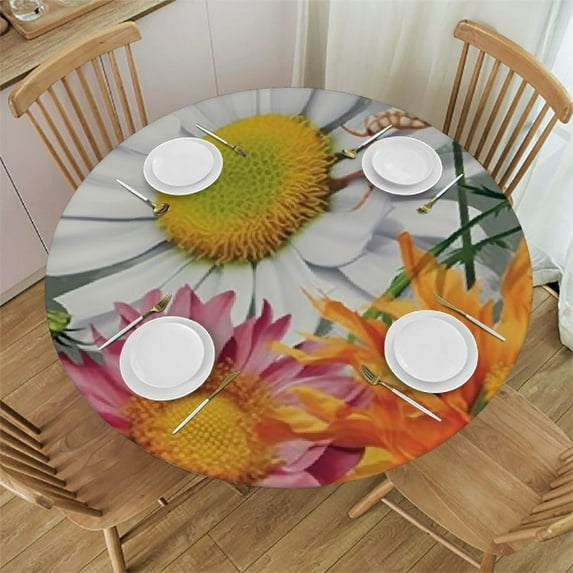 HAOXIT Decorative Round Fitted Tablecloth, Elastic Edged Polyester Table Pad,Daisy Flower Field with Print Fabric Table Cover, Fits Round Table, for Kitchen Dining Party Holiday 31-35