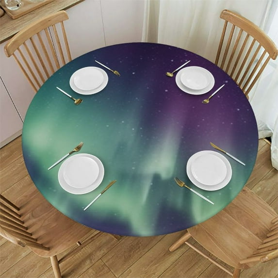 HAOXIT Decorative Round Fitted Tablecloth, Elastic Edged Polyester Table Pad,Exquisite Atmosphere Solar Starry Sky Calming Night Print Fabric Table Cover, Fits Round Table 31-35