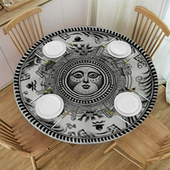 HAOXIT Decorative Round Fitted Tablecloth, Print Elastic Edged Polyester Table Pad,Peruvian Ornate Spiral Motif Print Fabric Table Cover, Fits Round Table , for Kitchen Dining Party Holiday 31-35