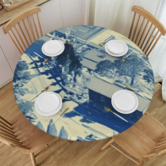 HAOXIT  Decorative Round Table Cloths Unique Toile Design Blue Tablecloth Table Cover for Dining/BBQ/Picnic/Coffee Table 54-58