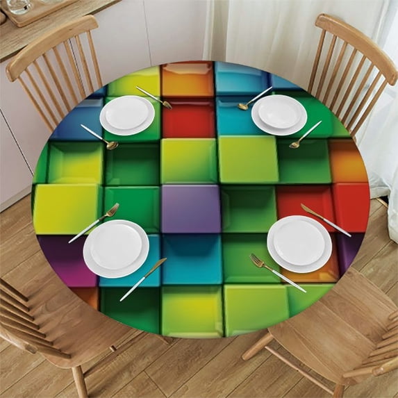 HAOXIT Decorative Round Table Cover Elastic Tablecloth, Colorful Polyester Fitted Table Cover Elastic Edged, Rainbow Color Contour Display Futuristic Print Fabric Table Cover, Fits Round Table 38-42