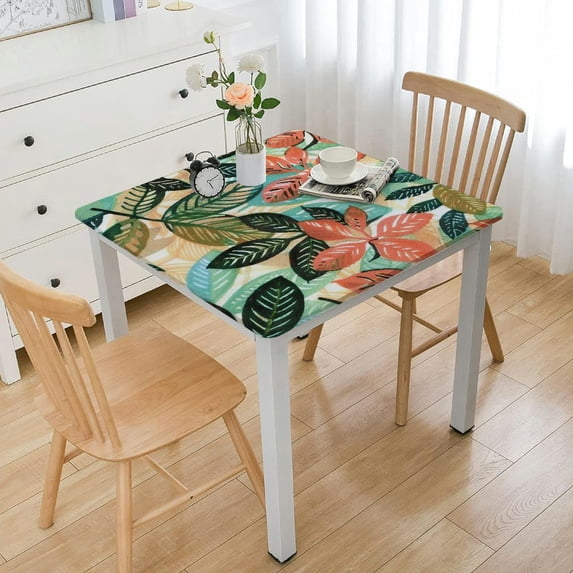 HAOXIT Deluxe Elastic Edged Flannel Backed Vinyl Fitted Table Cover - Botanical Pattern - Fits Square Tables white