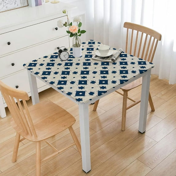 HAOXIT Deluxe Elastic Edged Flannel Backed Vinyl Fitted Table Cover - Fashion Diamond - Fits Square Tables white