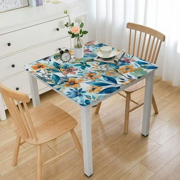 HAOXIT Deluxe Elastic Edged Flannel Backed Vinyl Fitted Table Cover - Floating Floral Pattern - Banquet white