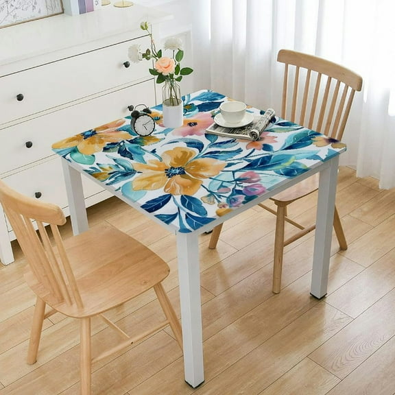 HAOXIT  Deluxe Elastic Edged Flannel Backed Vinyl Fitted Table Cover - Floating Floral Pattern - Fits Square Tables white