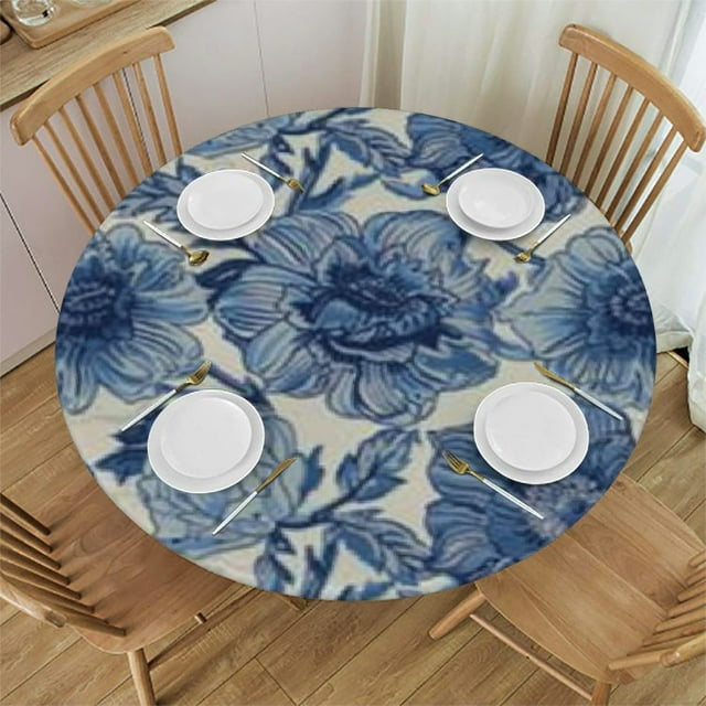 HAOXIT Designer Blue Tablecloth for Round Tables,Vintage Elegant with