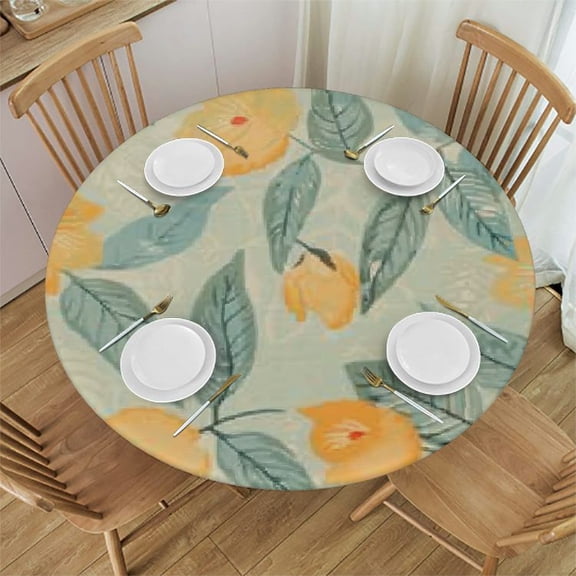 HAOXIT Designer Small Green Tablecloth for Round Tables,Vintage with Yellow Flowers Pattern Tablecloths,Cottage Decorative for Kitchen Dining Room 31-35