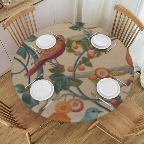 HAOXIT Designer Yellow French Spring Summer Tablecloth, Rustic Floral Birds Pattern Table Cloth for Round Tables,Decor Table Cover for Kitchen Dining Patio Holiday Banquet 54-58