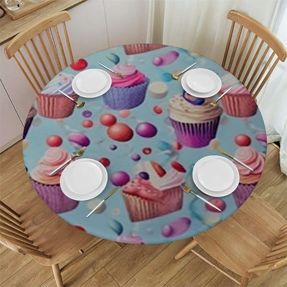 HAOXIT Dessert Tablecloth, Repeating Pattern of Cupcakes with Rose and Cherry on Hearts Backdrop, Round Table Cover for Dining Room Kitchen Decor 31-35
