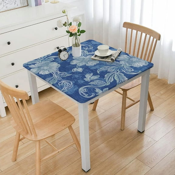 HAOXIT  Dining Table Cloth I Floral Blue Style Print on Chambray Homespun Cotton I for Family Gatherings, Parties I Washable 46*46