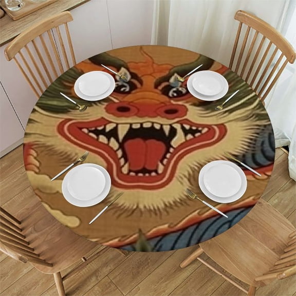 HAOXIT Dragon Round Table Cloth Round Cover Waterproof Washable Table Decor for Dining Party 42-46