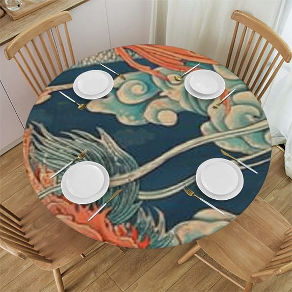HAOXIT Dragon Round Tablecloth Navy Table Cloth Round Cover Waterproof Table Decor for Kitchen Daily Dinning Party Table 31-35