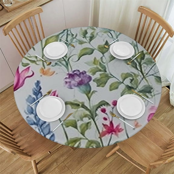 HAOXIT Easter Fabric Round Table Cloth, Polyester Easter Spring Flower Tablecloth, Table Cover Protector for Holiday, Party, Wedding, Birthday, Banquet Decoration Use, Floral