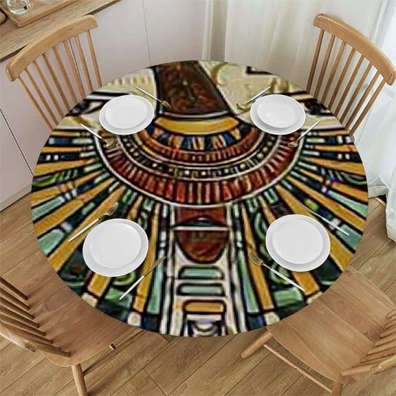 HAOXIT Egyptian Print Tablecloth, Hieroglyphs on Aged with Cultural Folk Objects Design, Round Table Cover for Dining Room Kitchen Decor