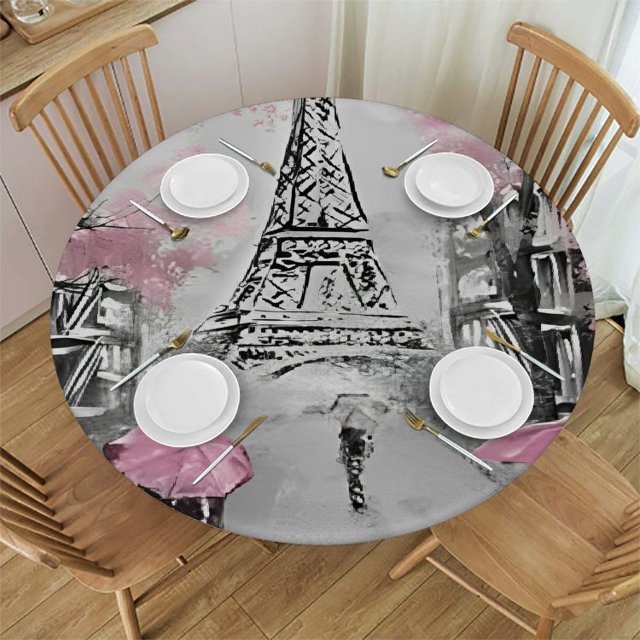 HAOXIT Eiffel Tower Pink Lovers Paris Fitted Round Tablecloth