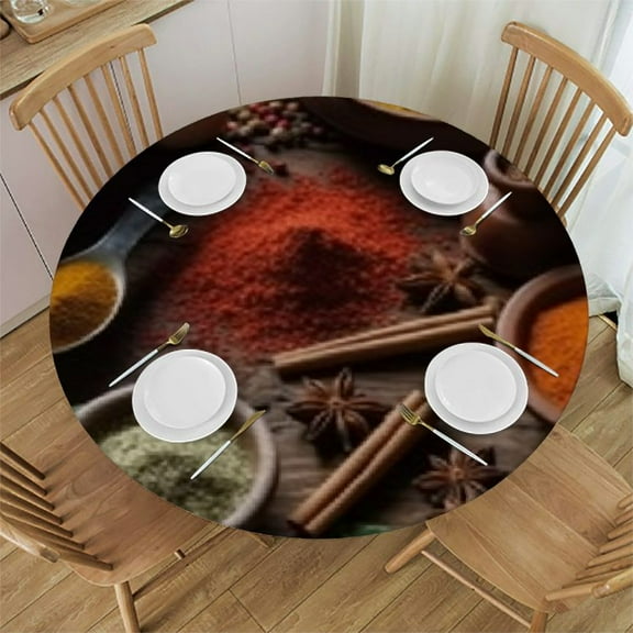 HAOXIT Elastic Edge Fitted Card Table Cover, Seasoning Pattern Printed on Elastic Polyester Table Cover, for Family Party and Patio Decoration, Fit for Round Table 31-35