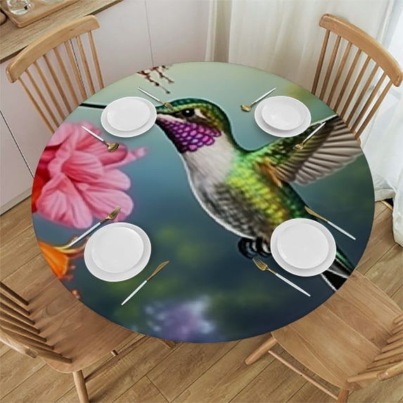 HAOXIT Elastic Edge Fitted Round Tablecloth, Flower, Bird Hummingbird with Flowers, Pink Polyester Table Cloth, for Outdoor Patio and Indoor Kitchen Dining Party, Fit for Round Table 31-35