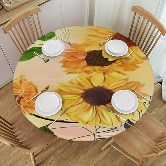HAOXIT Elastic Edge Round Fitted Tablecloth, Colorful Yellow Sunflower Polyester Table Cover, for Kitchen Dining Party Patio Tabletop Decoration, Fit for Round table 31-35