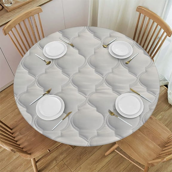 HAOXIT Elastic Edged Flannel Backed Fitted Table Cover - Quilted White Pattern - Round - Fits Round Tables 31-35
