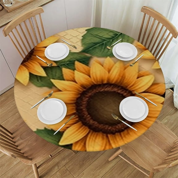 HAOXIT Elastic Edged Flannel Backed Fitted Table Cover - Quilted White Pattern - Round - Fits Round Tables 42-46