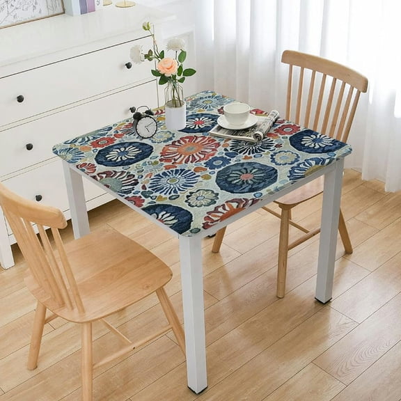 HAOXIT  Elastic Edged Flannel Backed Vinyl Fitted Square Table Cover white