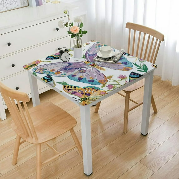 HAOXIT Elastic Edged Flannel Backed Vinyl Fitted Table Cover - Colorful Butterfly Pattern - Fits Square Tables white