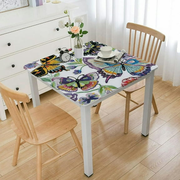 HAOXIT Elastic Edged Flannel Backed Vinyl Fitted Table Cover - Colorful Butterfly Pattern - Square - Fits Square Tables white