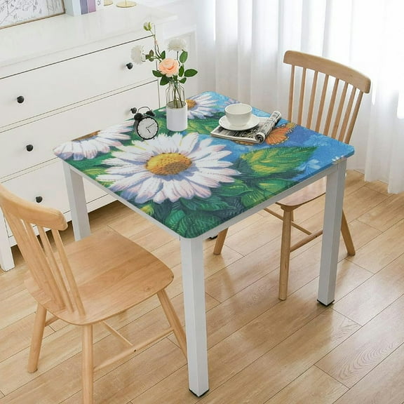 HAOXIT Elastic Edged Flannel Backed Vinyl Fitted Table Cover - Daisy Pattern - Square - Fits Square Tables white