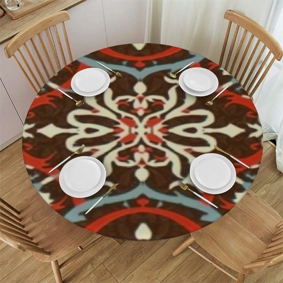 HAOXIT Elastic Edged Polyester Fitted Tablecloth - Round Fitted Table Cover Compatible with Traditional Floral Paisley Bandanna Pattern Brown - Fits Round Tables 31-35