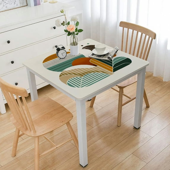 HAOXIT Elastic Edged Square Tablecloth, Abstract Arch Sun Beige Table Cover, for Kitchen Dining Tabletop Decoration, Fit for Square Table White