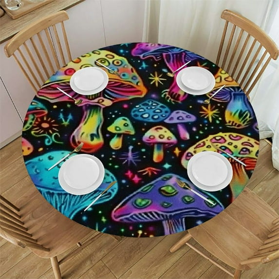 HAOXIT Elastic Fitted Round Table Covers Tablecloths, Colorful Mushroom Waterproof Outdoor Table Cover for Party, Halloween Picnic/Patio/Dining Table Cloth, Fits Tables 31-35