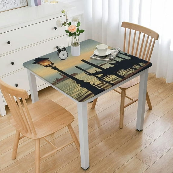 HAOXIT Elastic Polyester Fitted Table Cover, Lagoon Gondolas Moored by Saint Mark Square on Grand Canals Dreamy Sky Decorative Square Dinner Fitted Table Cloth,Fits Square Tables 60''x60''