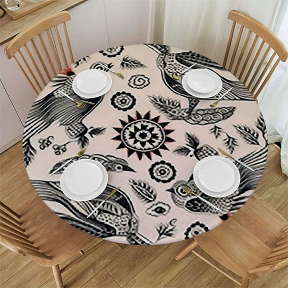HAOXIT Elastic Tablecloth, Aztec Decorative Fabric Table Cover for, Peruvian Ornate Spiral Motif, Fit Round Tables, for Outdoor Indoor Use, Multicolor 46-50